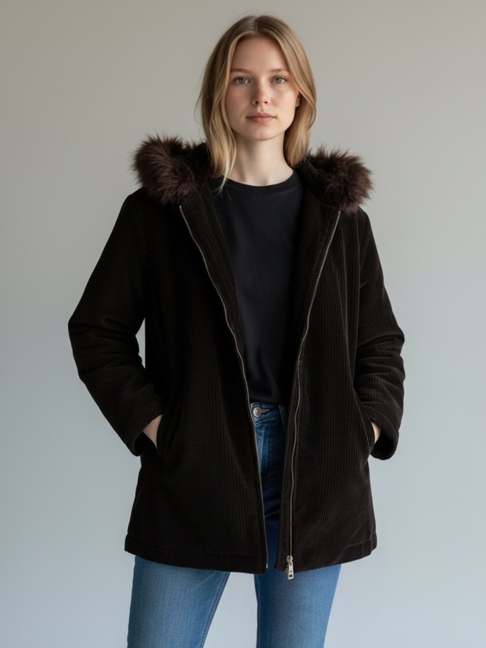 Kristen Blake Black Lambswool Coat Finland Fox Fur Collar Mob Wife Old Money XL